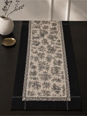 Handmade French Country Cotton Table Runner Lace Trim Cottagecore Decor